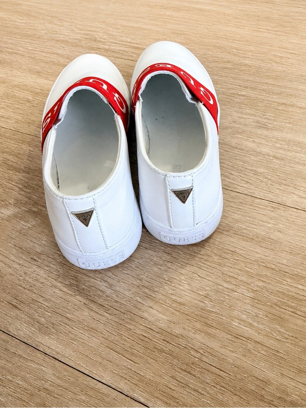 Guess White Slip-On Mules with Red Logo Band